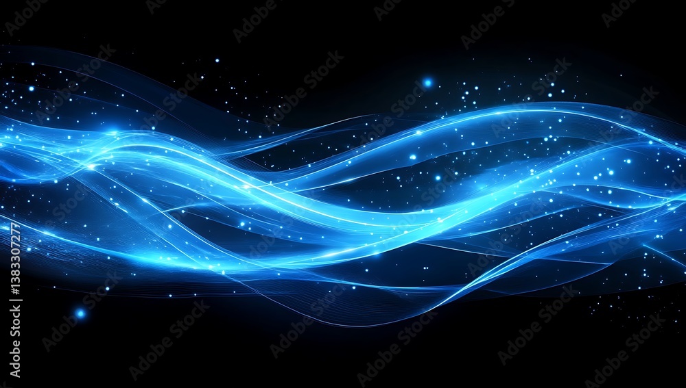 Obraz premium Elegant abstract design featuring flowing waves of luminous blue energy against a deep blue backdrop sprinkled with delicate stardust particles.