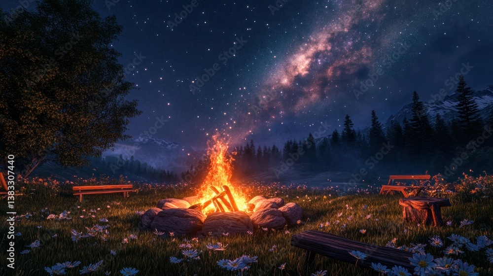 Obraz premium A serene campfire scene under a starry sky, surrounded by nature and tranquility.
