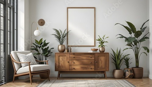 Minimalist Mid-Century Modern Living Room with Wooden Sideboard