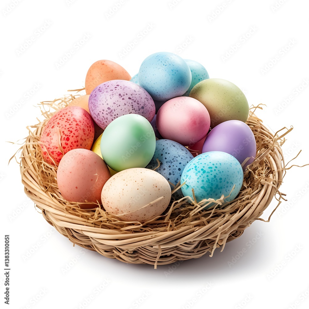 Easter Eggs in Nest: A vibrant collection of speckled Easter eggs nestled in a rustic woven basket, radiating the cheerful spirit of springtime and celebration. Easter Eggs in Nest: A vibrant collection of speckled Easter eggs nestled in a rustic woven basket, radiating the cheerful spirit of springtime and celebration.