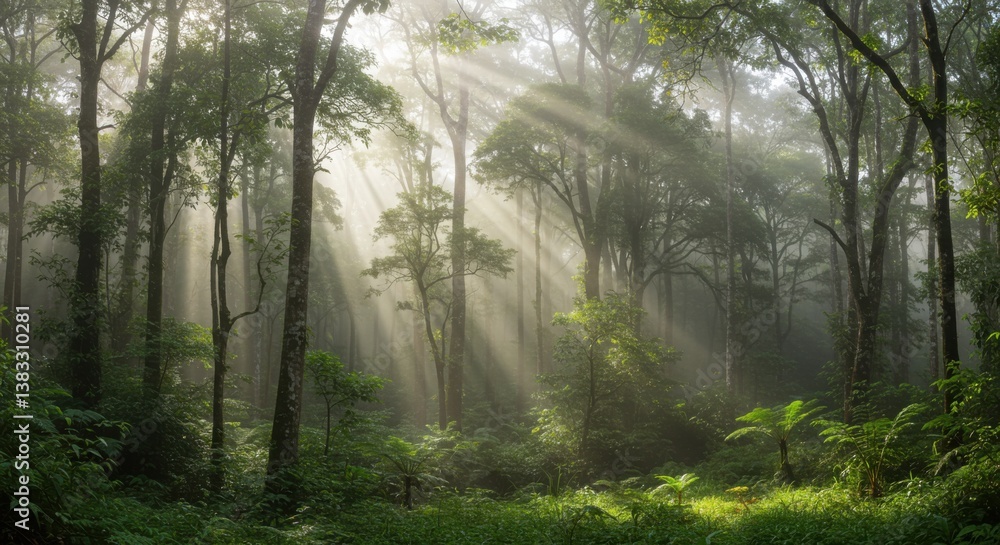 Obraz premium Sunrays Filtering Through Rainforest