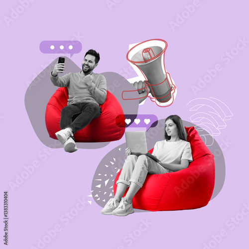 Content manager. Creative collage with people using devices and loudspeaker on violet background