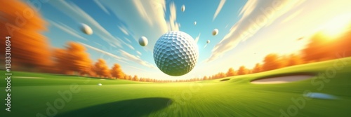 Scenic flight of golf balls over green course