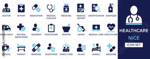 Healthcare icon set collection. Doctor, report, medication, medical checkup, medicine, identification, sanitized, ambulance, sickness and best solid icon set.