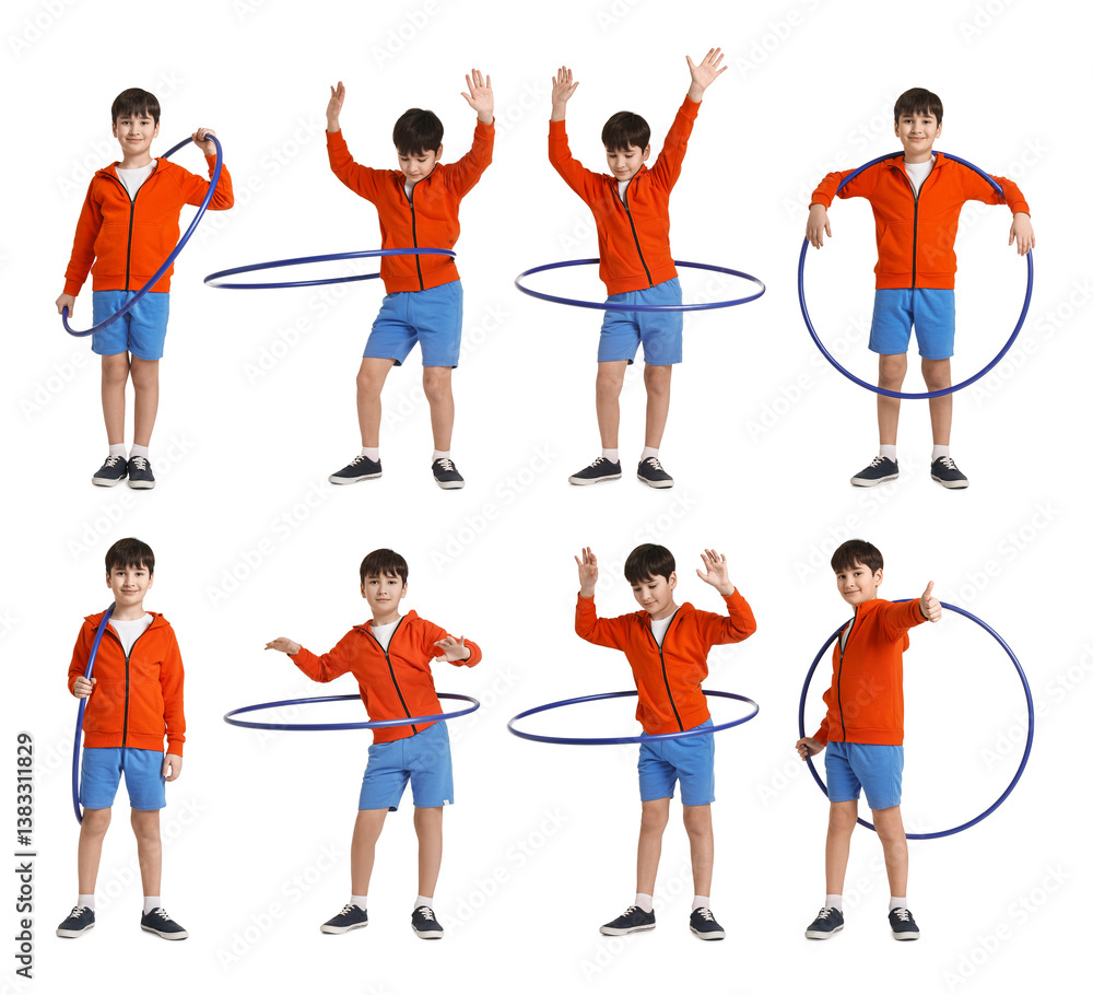 Fototapeta premium Cute boy with hula hoop on white background. Collage of photos