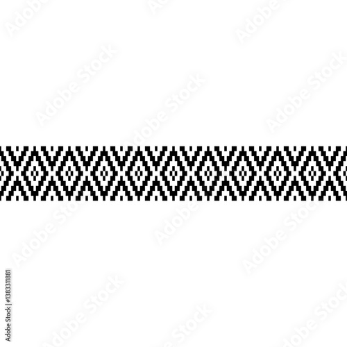 A Stripes horizontal seamless pattern with intricate tribal-inspired geometric designs in black and white. Great for branding, packaging, and home decor.