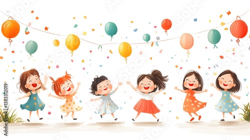 Cartoon illustration of Childrens Day celebration kids playing colorful decorations joyful scene