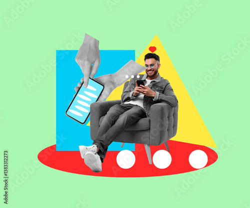 Content manager using mobile phone in armchair on light green background, creative collage