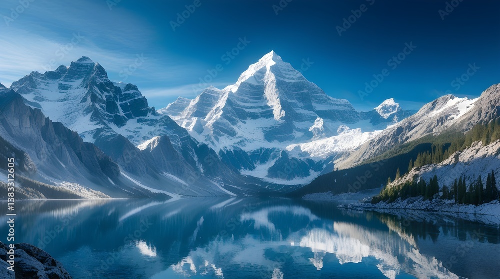 Fototapeta premium Snow-Capped Mountain and Lake Reflection