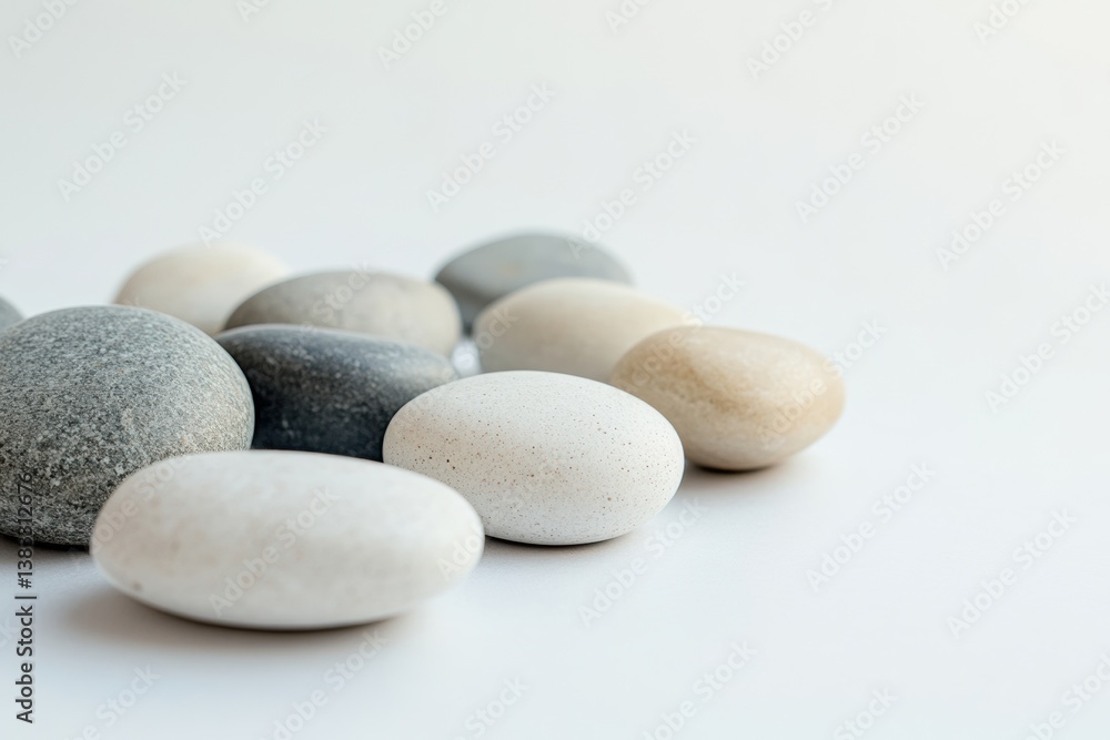 Minimalist composition of smooth river stones arranged on a white surface under soft lighting for a neutral aesthetic Minimalist composition of smooth river stones arranged on a white surface under soft lighting for a neutral aesthetic