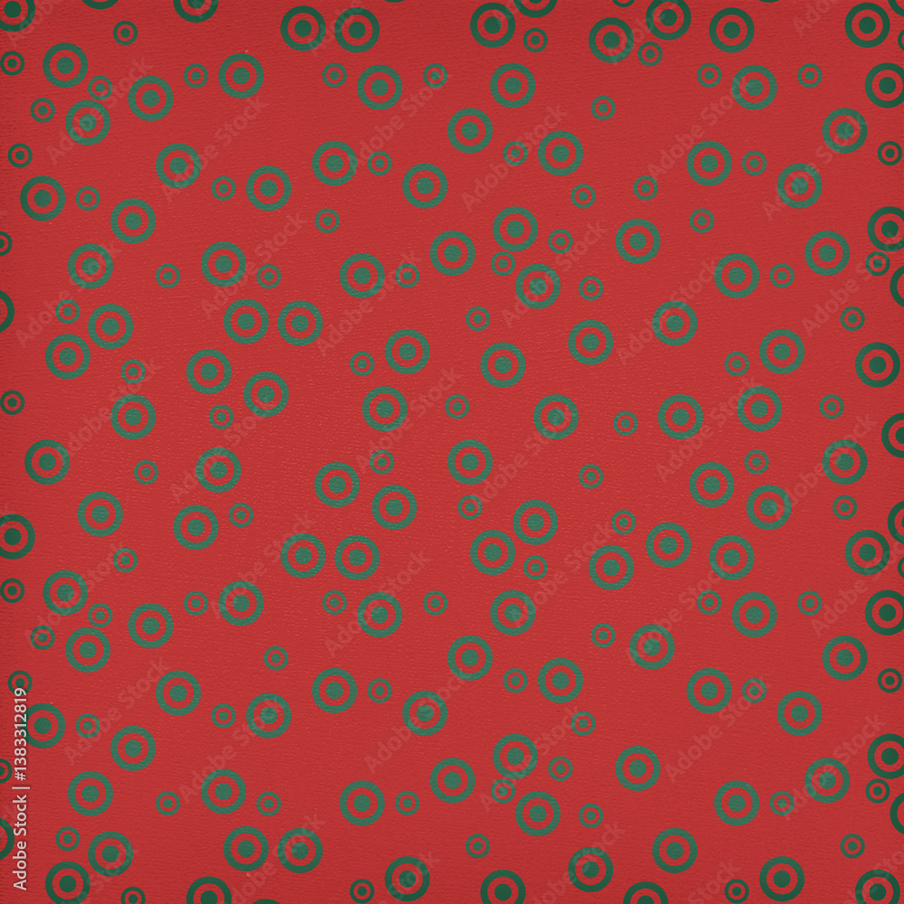 Polka dots design, red background, seamless repeat green dots and circles pattern, gift wrap paper Polka dots design, red background, seamless repeat green dots and circles pattern, gift wrap paper