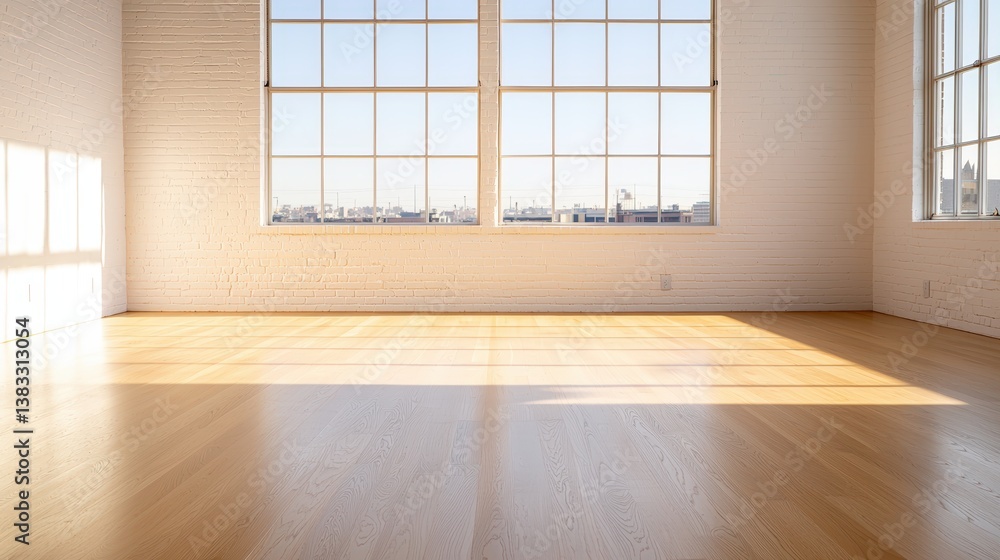 Fototapeta premium Serene Spacious Interior Scene with Natural Light, Featuring Large Windows and Warm Wooden Floor in Open Space for Creative Inspiration ,Office interior backdrop for online meetings