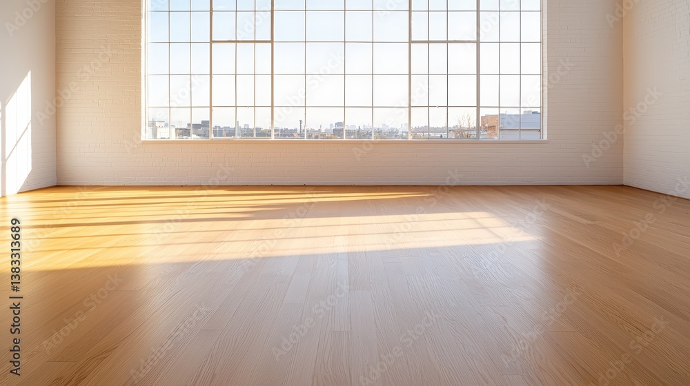 Fototapeta premium Bright and Spacious Interior Scene with Serene Ambiance Showcasing Large Windows and Warm Wooden Flooring, Ideal for Modern Design Projects ,Office interior backdrop for online meetings