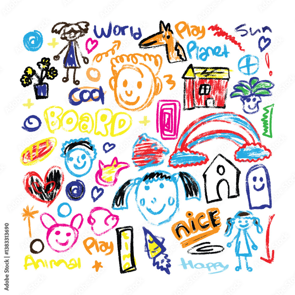 Obraz premium Kids crayon doodle sticker set, space illustration in childish style. Kids vector hand drawn