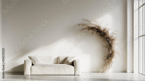 Modern living room with white sofa, green arch, and dried flowers, embodying minimalistic elegance and natural simplicity.