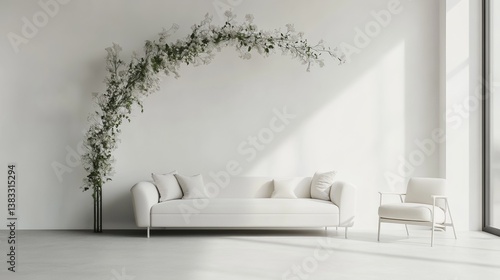 Modern living room with white sofa, green arch, and dried flowers, embodying minimalistic elegance and natural simplicity.