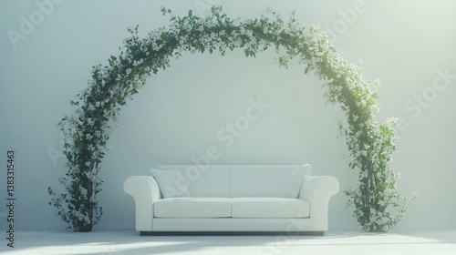 Modern living room with white sofa, green arch, and dried flowers, embodying minimalistic elegance and natural simplicity.
