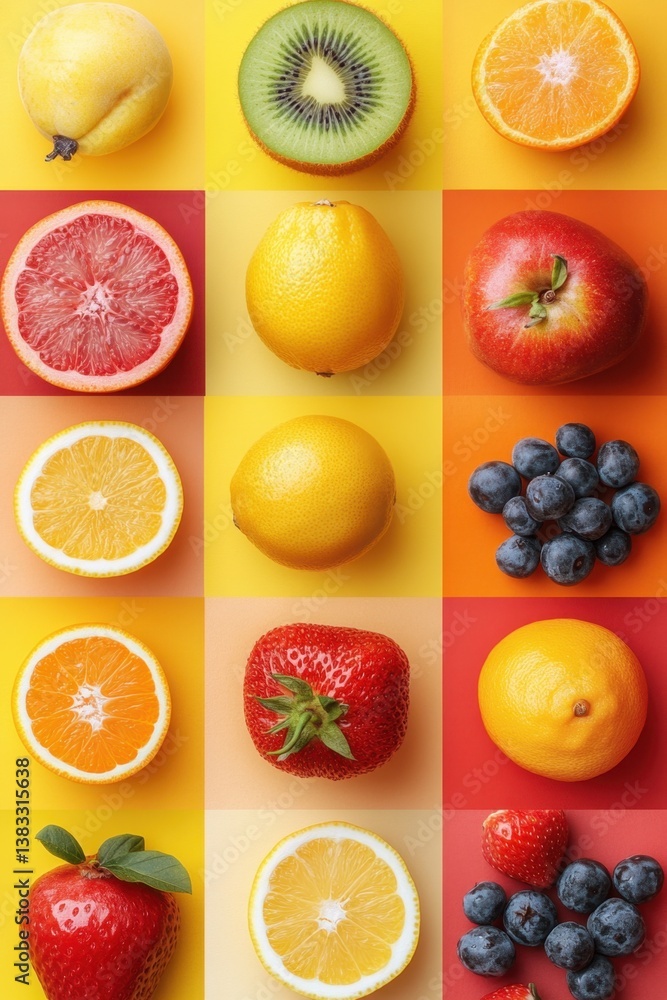 Vibrant Fruit Medley on Colorful Background Squares A Refreshing Still Life of Citrus Berries and Tropical Delights A Culinary Composition for Healthy Eating Vibrant Fruit Medley on Colorful Background Squares A Refreshing Still Life of Citrus Berries and Tropical Delights A Culinary Composition for Healthy Eating