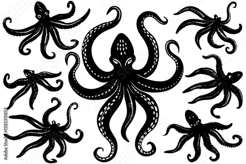 Set of octopus Silhouette Hand drawn vector illustration in engraving technique isolated on white background