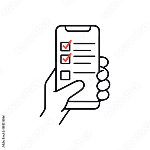 Minimalist smartphone checklist icon with hand holding mobile device, digital survey and online voting concept, black line art vector illustration of mobile app interface with red checkmarks