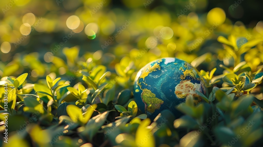 Earth in Green Embrace - A small globe rests gently amidst vibrant green foliage, symbolizing environmental preservation and ecological balance Earth in Green Embrace - A small globe rests gently amidst vibrant green foliage, symbolizing environmental preservation and ecological balance