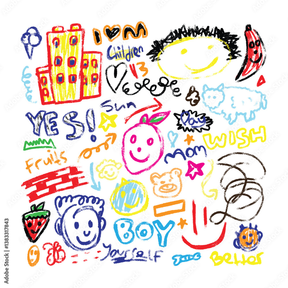 Funky childish doodles and icons drawn with crayon. Cute kid scribble doodle icons set. Child games, toys and drawings. Hand drawn cute vector illustrations Funky childish doodles and icons drawn with crayon. Cute kid scribble doodle icons set. Child games, toys and drawings. Hand drawn cute vector illustrations