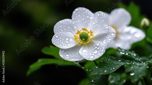 Close-Up of White Flower with Water Drops on Green Leaves