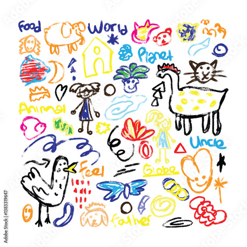 Kids drawing illustration, vector children color pencil naive doodle stciker set, cute cartoon 