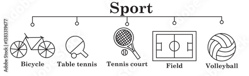 Sport banner web icon vector illustration concept with icon of bicycle,table tennis,tennis court,field,volleyball