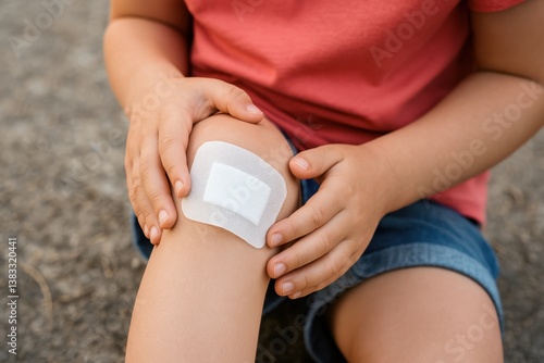 Child applying adhesive bandage on injured knee after falling down
