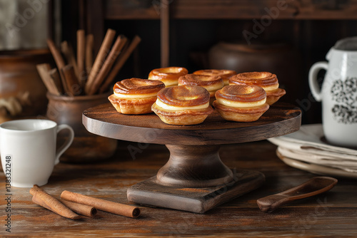 Portuguese Pastéis de Nata – Caramelized Custard Tarts on a Rustic Wooden Stand