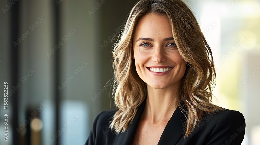 Confident businesswoman smiling, radiating professionalism and approachability in a modern office setting. Confident businesswoman smiling, radiating professionalism and approachability in a modern office setting.