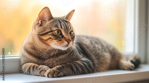 Curious tabby cat perched on a windowsill, gazing with intrigue, soft light enhancing its charm.