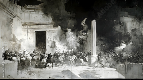 An illustration depicting a battle scene with horses and soldiers