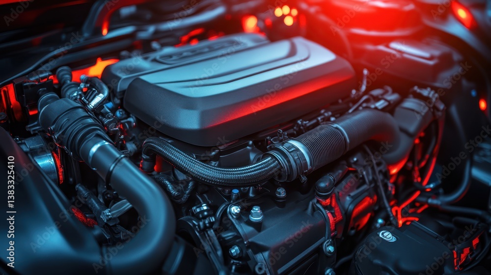 Obraz premium Modern car engines showcasing advanced automotive technology with soft, ambient lighting that highlights their sleek and sophisticated design.
