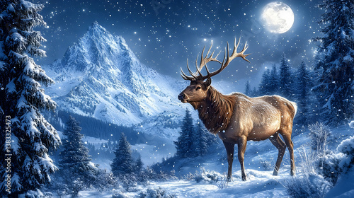 A majestic elk standing in a snowy winter landscape scenery