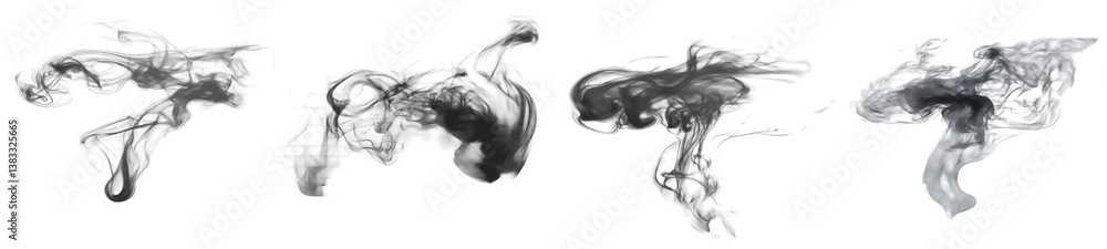 Fototapeta premium An eliment set of Thick Black Smoke Curling Up in an Abstract Motion. Full frame of forms and textures of smoke of black color on islated transfarent background, PNG. 