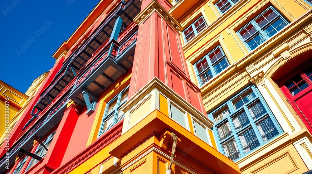 Fototapeta premium Vibrant Multi-Colored Urban Architecture with Bold Yellow and Red Buildings Against Clear Blue Sky in Contemporary Style