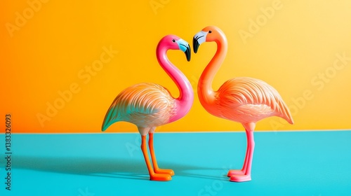 Two flamingo toys on a vibrant orange and blue background, radiating joy and optimism.