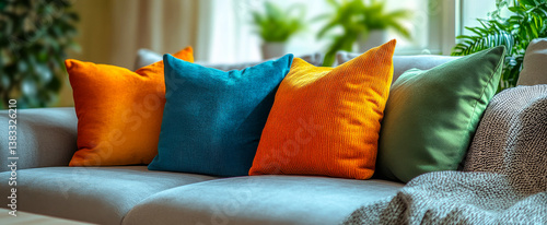 Cozy sofa with colorful pillows. Colorful pillows in orange, teal, and green brighten a light gray sofa, making the living space inviting.