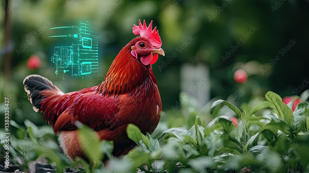 Fototapeta premium Creative Chicken in Green Garden with Digital Overlay Technology