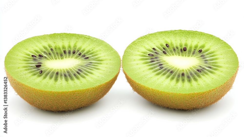 Fresh Kiwi Halves with Vibrant Green Texture and Seeds, Isolated on White Background Fresh Kiwi Halves with Vibrant Green Texture and Seeds, Isolated on White Background