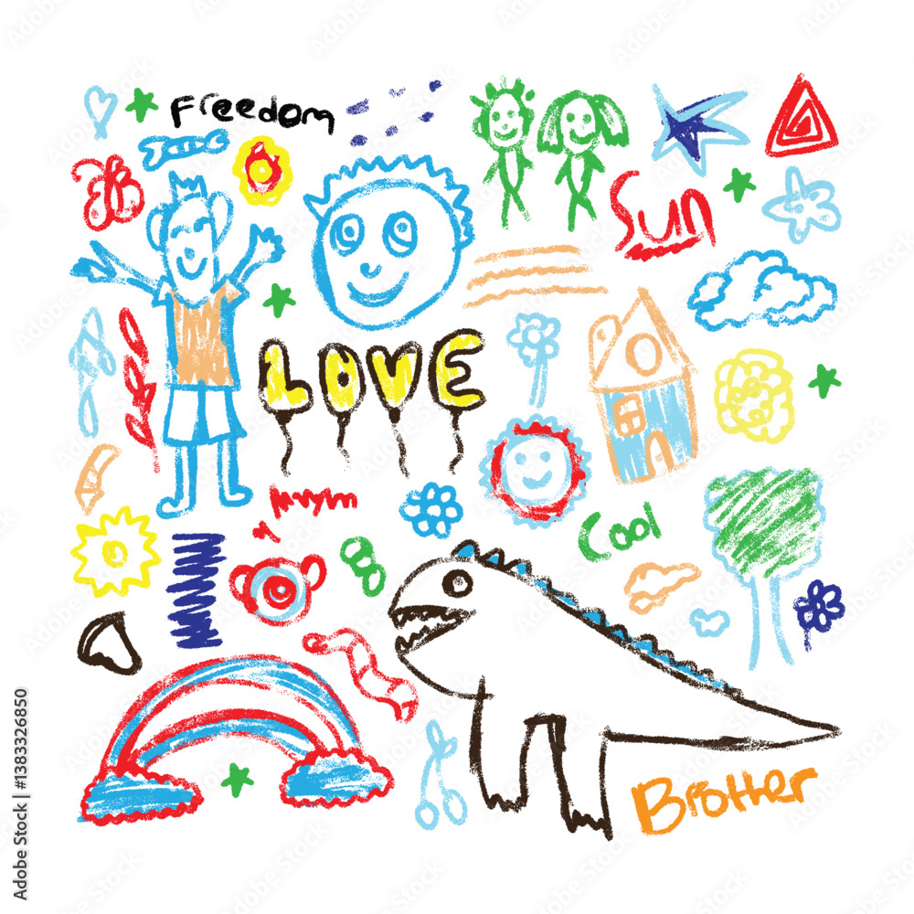 Fototapeta premium Kids drawing illustration, vector children color pencil naive doodle stciker set, cute cartoon 