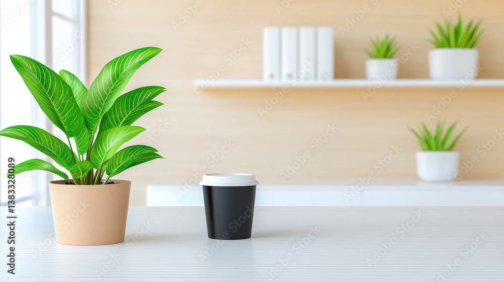 Serene and Modern Workspace with Minimalist Design Featuring Potted Plant and Coffee Cup in Bright Room with Natural Light ,Office interior backdrop for online meetings Serene and Modern Workspace with Minimalist Design Featuring Potted Plant and Coffee Cup in Bright Room with Natural Light ,Office interior backdrop for online meetings