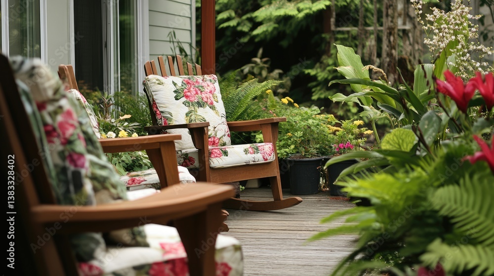 Obraz premium A relaxing coastal patio with wooden rockers, floral seat cushions, and lush green plants.