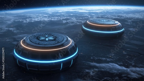 Fototapeta Naklejka Na Ścianę i Meble -  Futuristic space stations orbit Earth