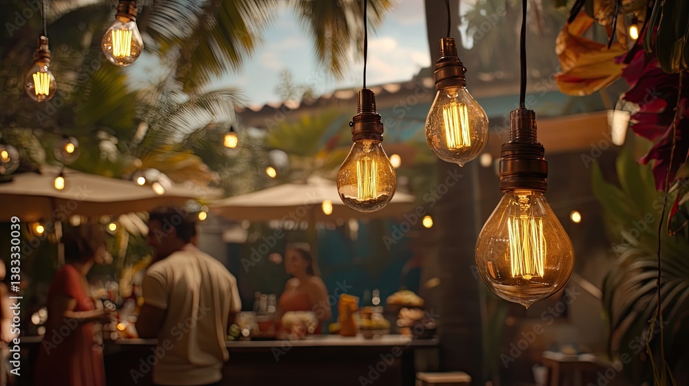 Obraz premium A string of warm Edison bulbs draped across a backyard party scene.