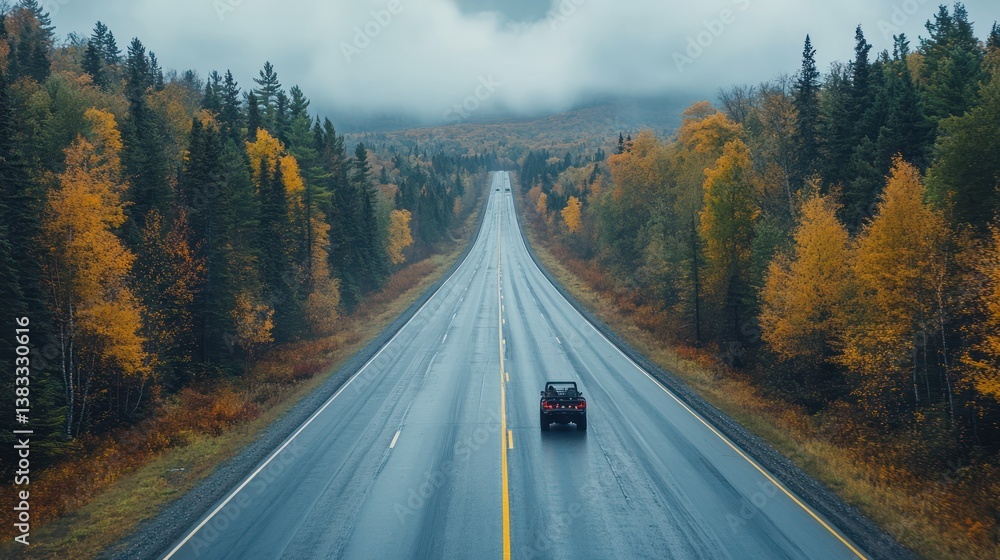 Rainy autumn road trip; car on highway through forest; misty mountains Rainy autumn road trip; car on highway through forest; misty mountains