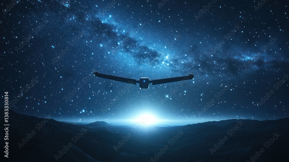 Drone flight, night sky, sunrise, mountains, space exploration Drone flight, night sky, sunrise, mountains, space exploration