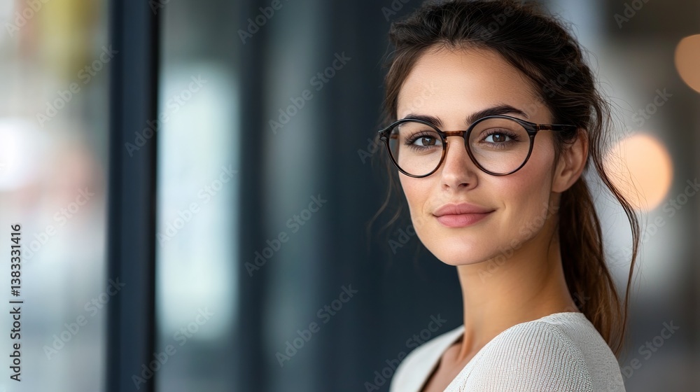 Confident young businesswoman in office, radiating professionalism and focus. Confident young businesswoman in office, radiating professionalism and focus.